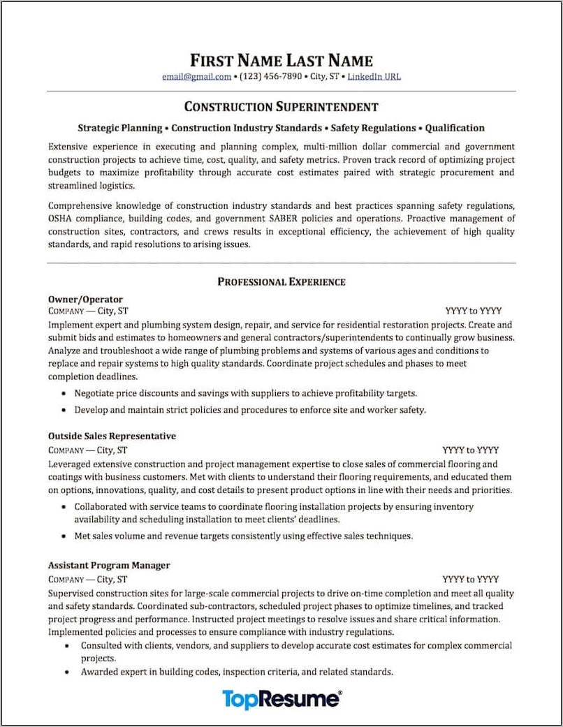 Headline For Resume Construction Project Manager
