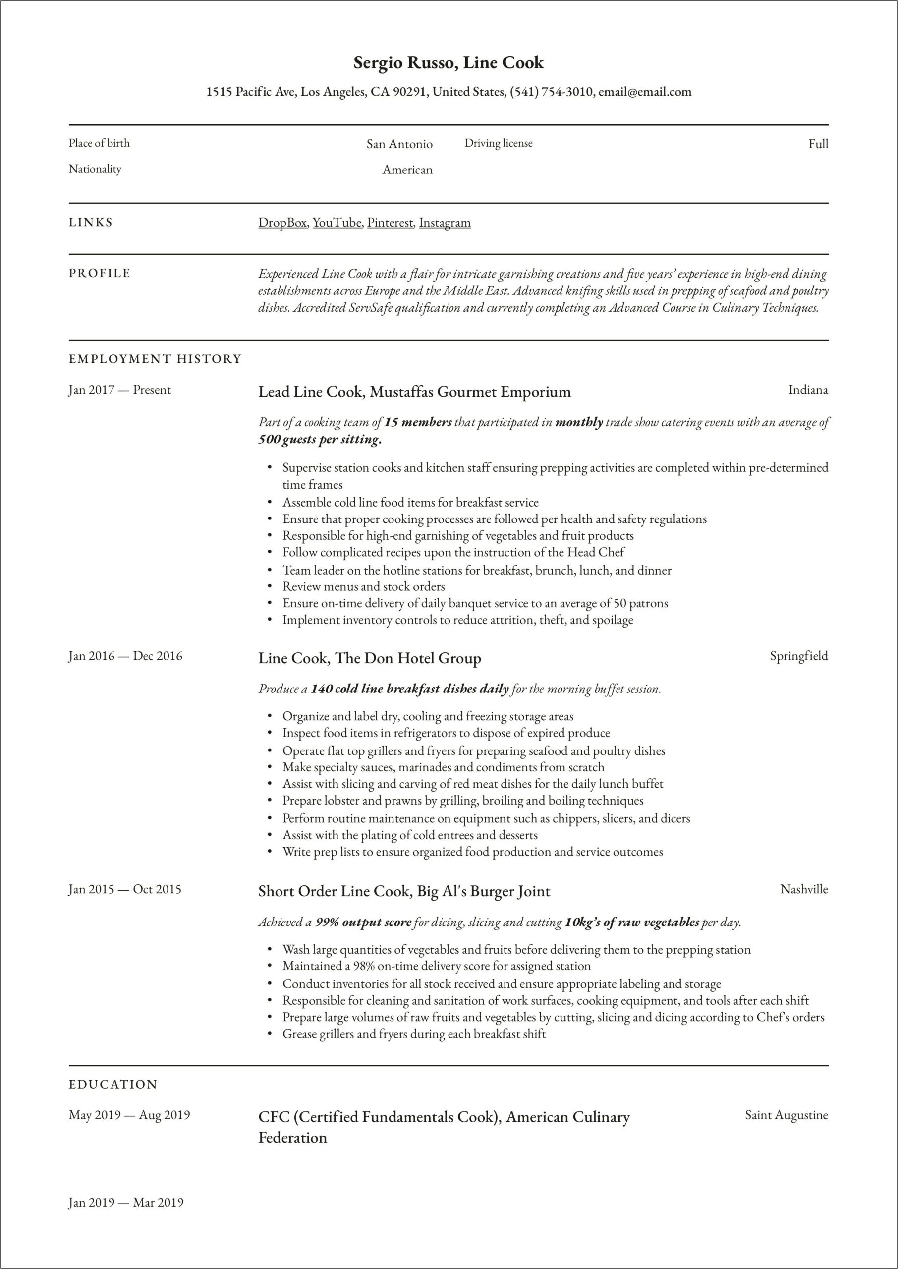 Headline Sample For A Cook Resume