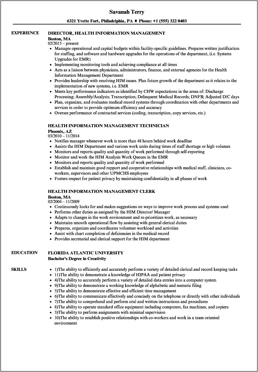 Health Administration Things To Put On A Resume