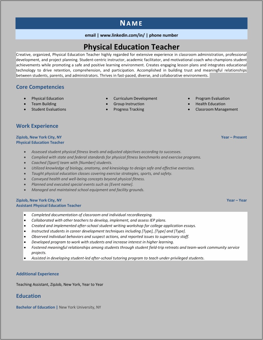 Health And Physical Education Resume Sample