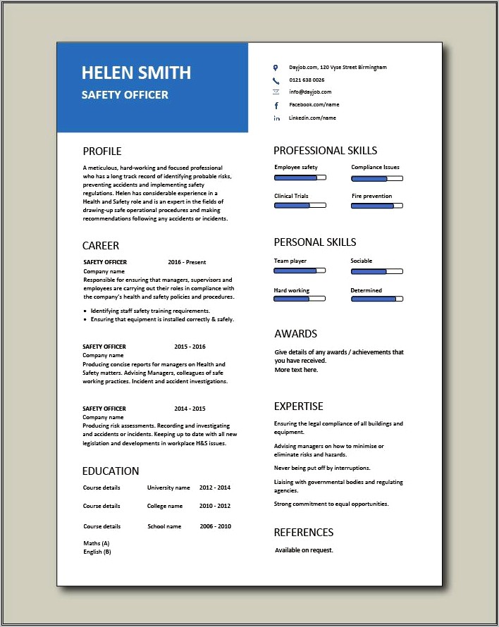 Health And Safety Manager Resume Sample