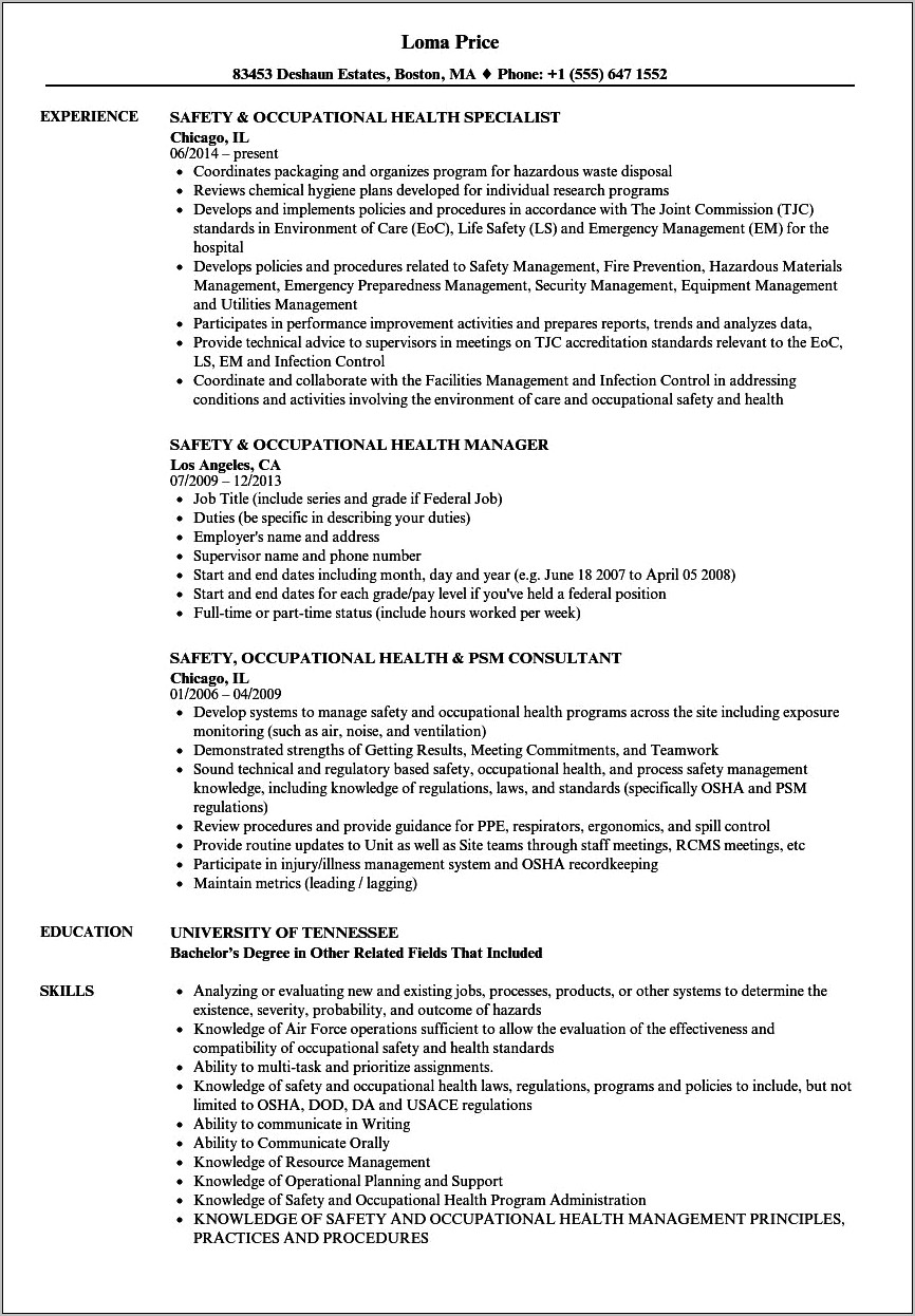 Health And Safety Skills On Resume