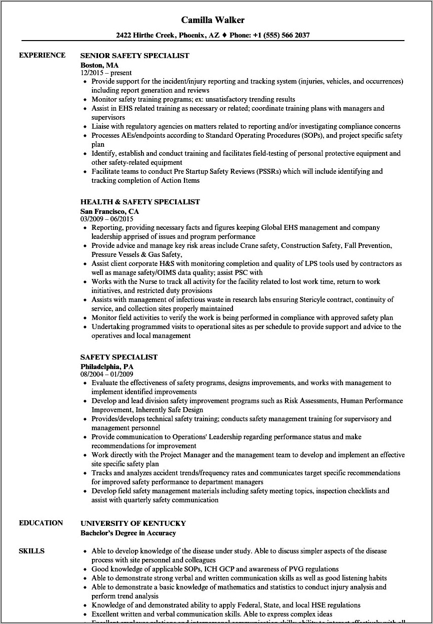 Health And Safety Summary For Resume