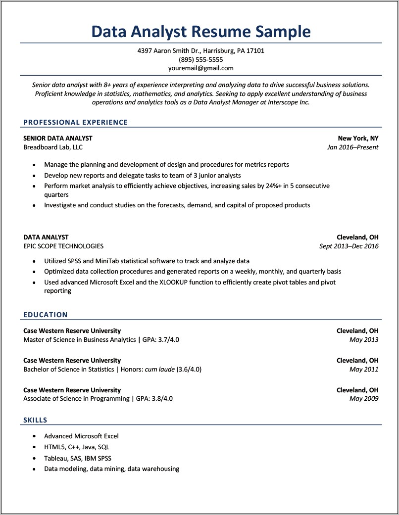 Health Care Data Profile Summary Resume