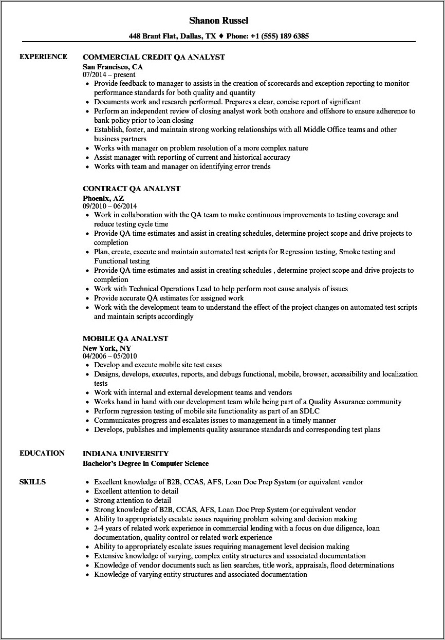 Health Care Experience For Testing Resume