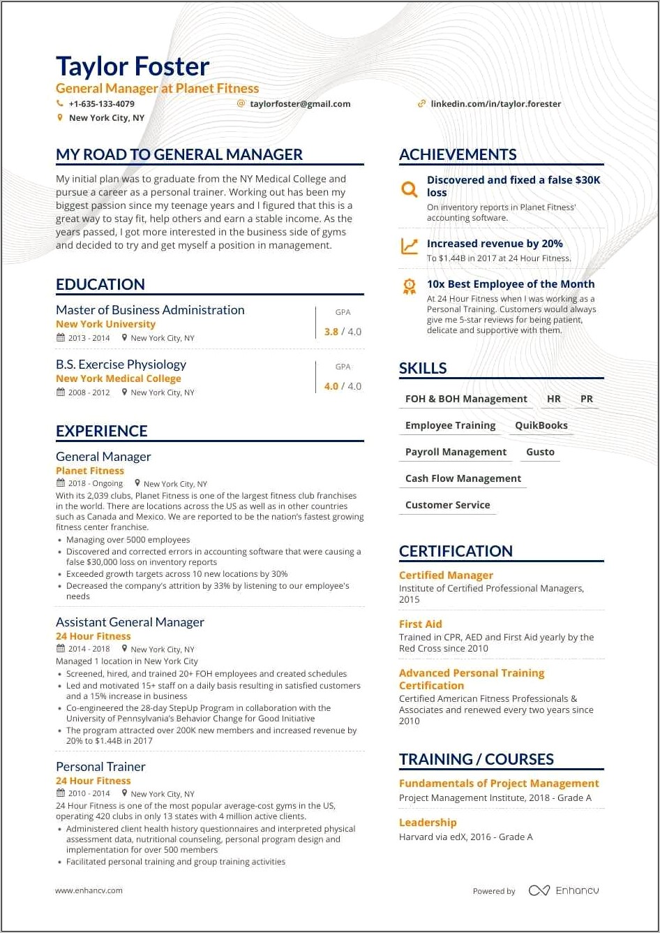 Health Club General Manager Resume