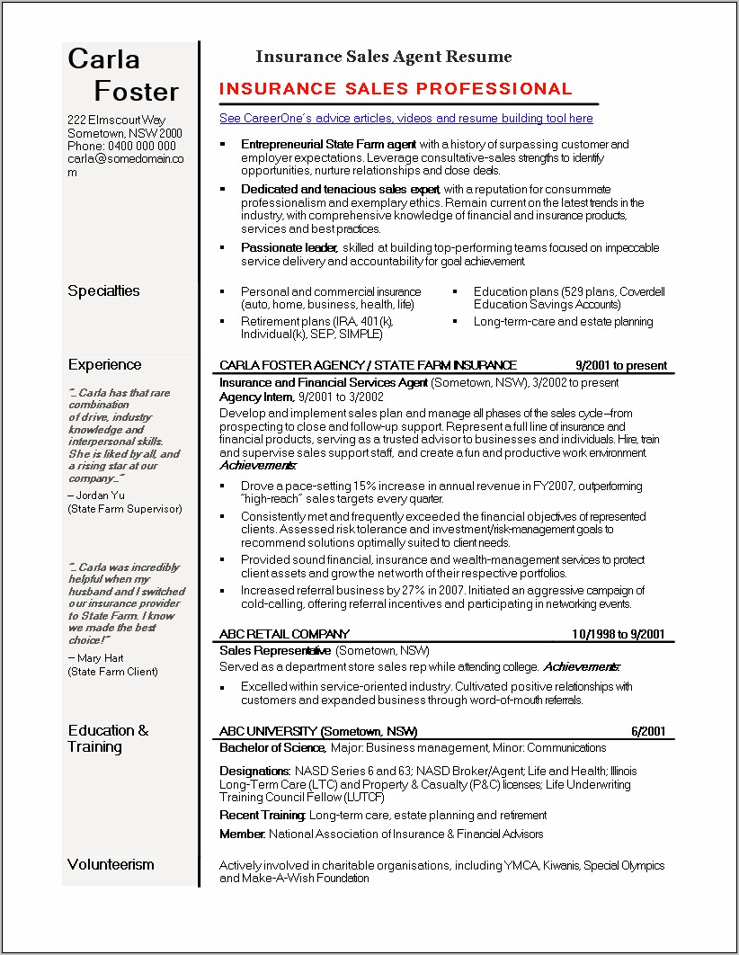 Health Insurance Agent Resume Examples