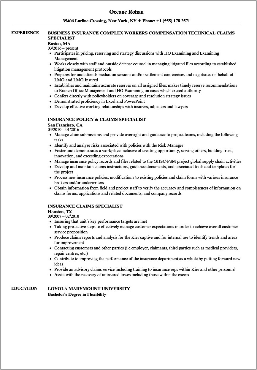 Health Insurance Claim Job Description Resume