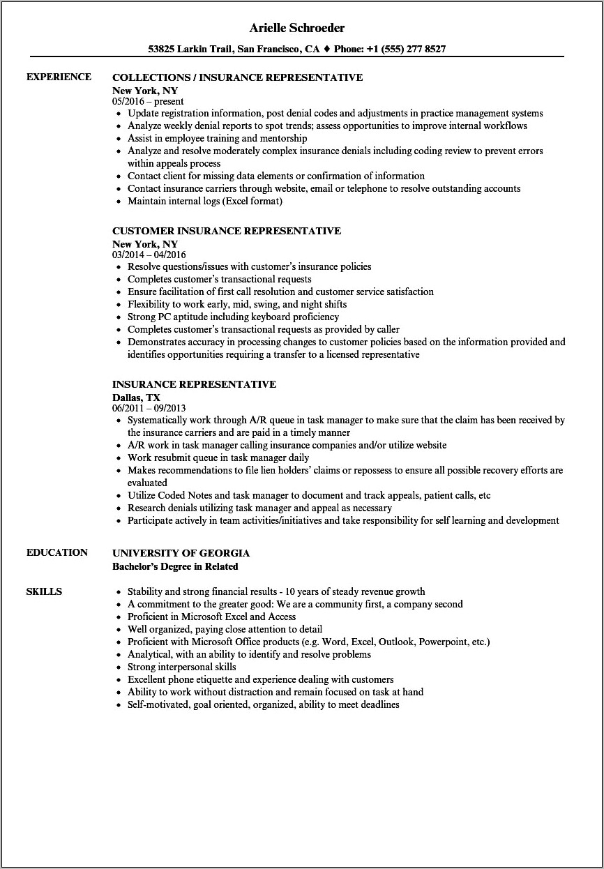 Health Insurance Customer Service Job Description Resume