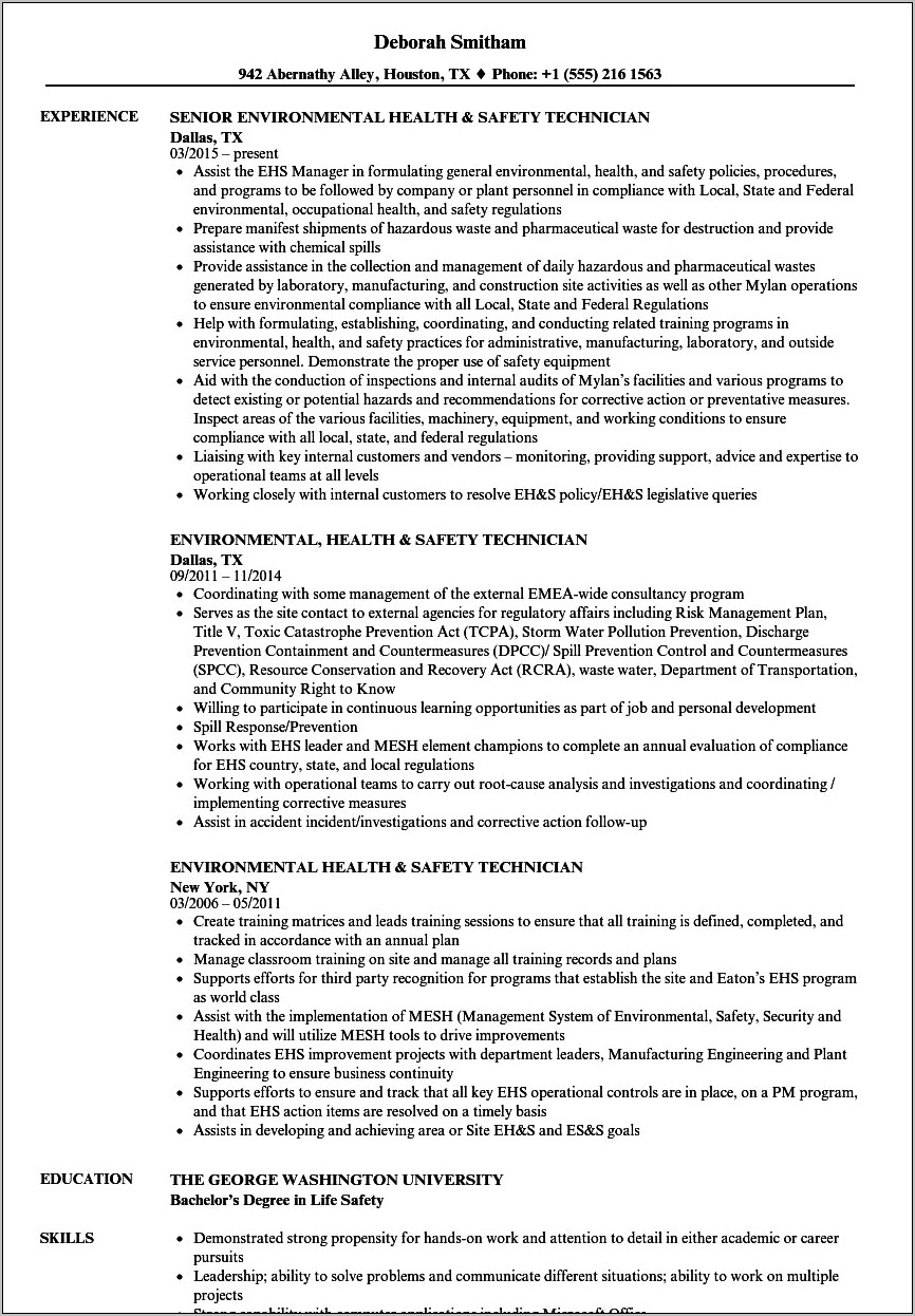 Health Safety And Environment Role Resume Sample