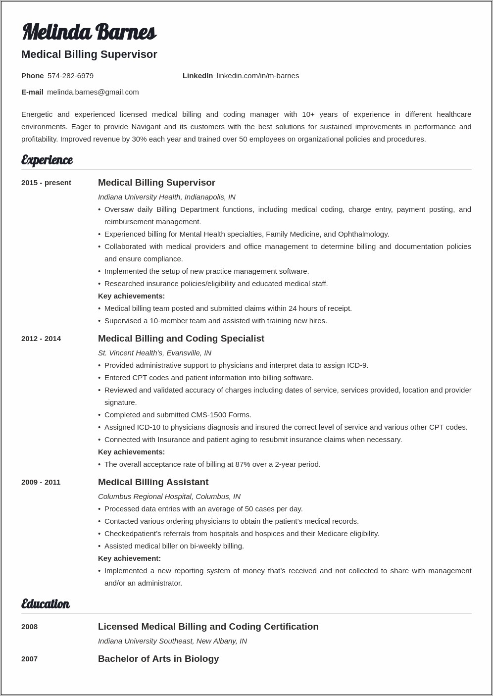 Healthcare Billing And Coding Resume Samples