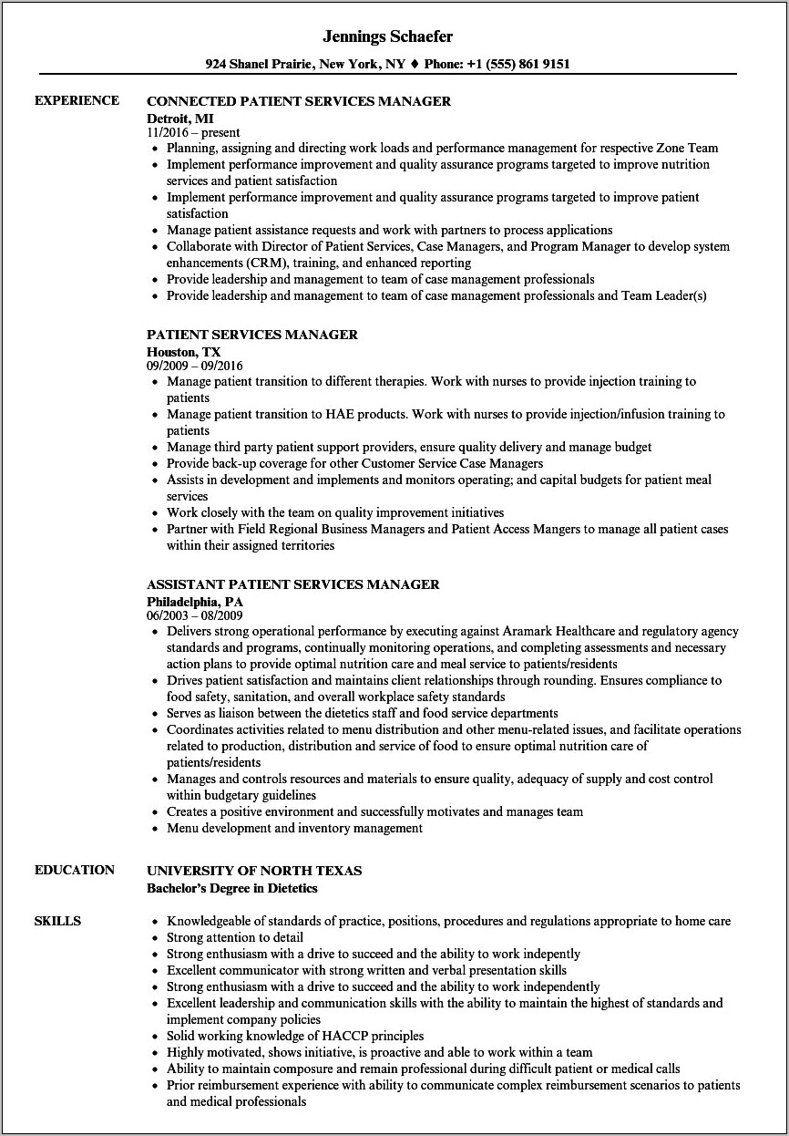 Healthcare Food Service Manager Resume