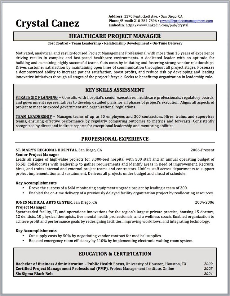 Healthcare It Project Manager Sample Resume