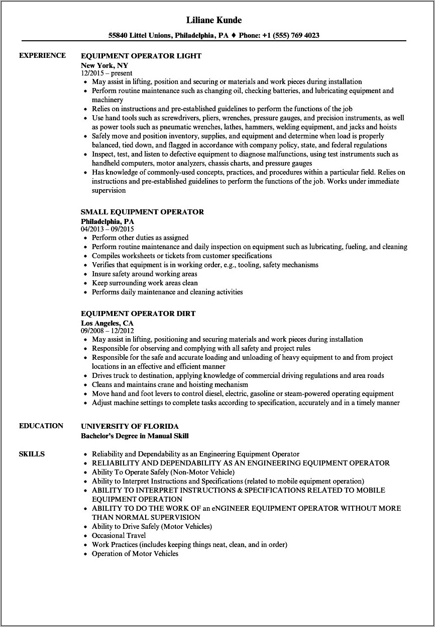 Heavy Equipment Operator Description For Resume