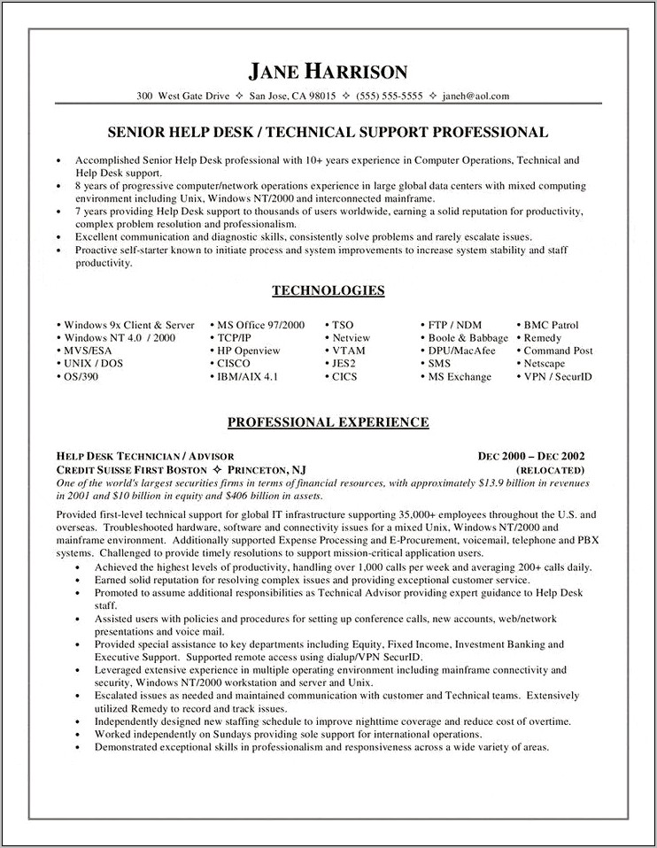 Help Desk Technician Resume Cover Letter