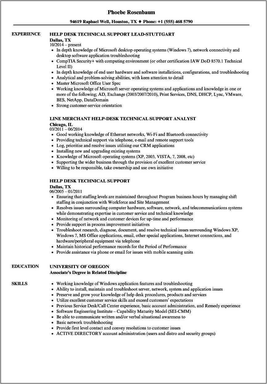 Help Desk Technician Sample Resume