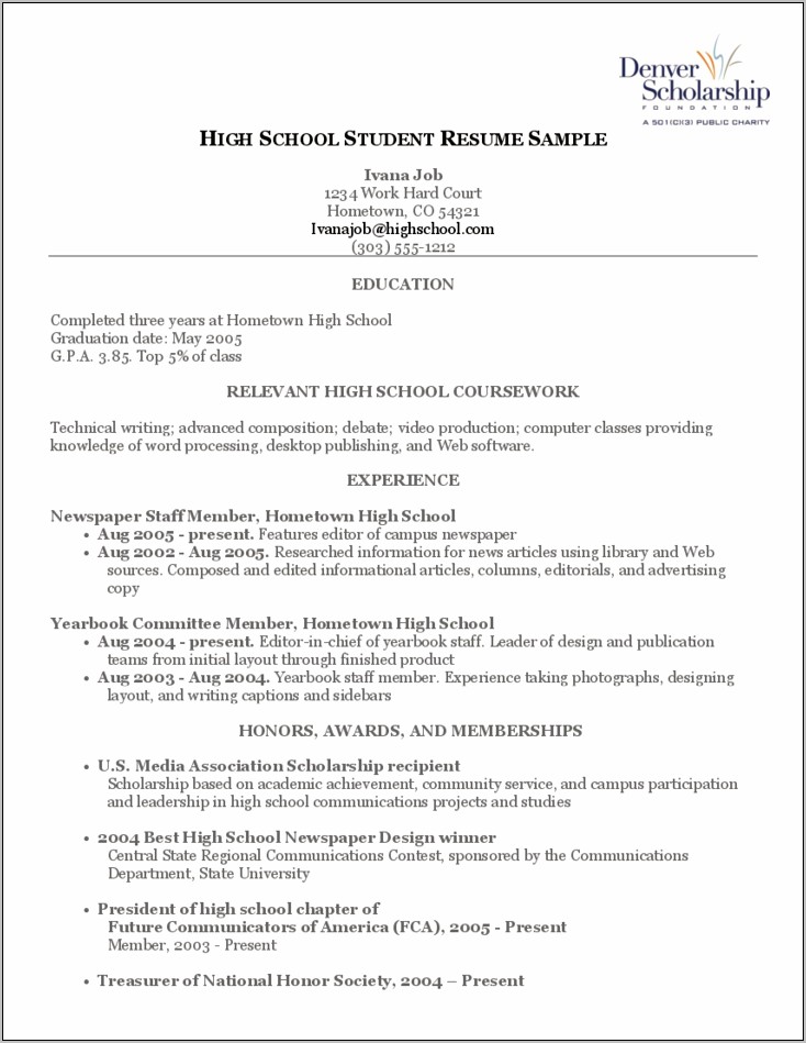 High School Character Awards On Resume