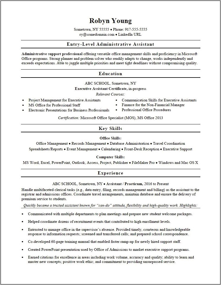 High School Front Office Specialist Resume