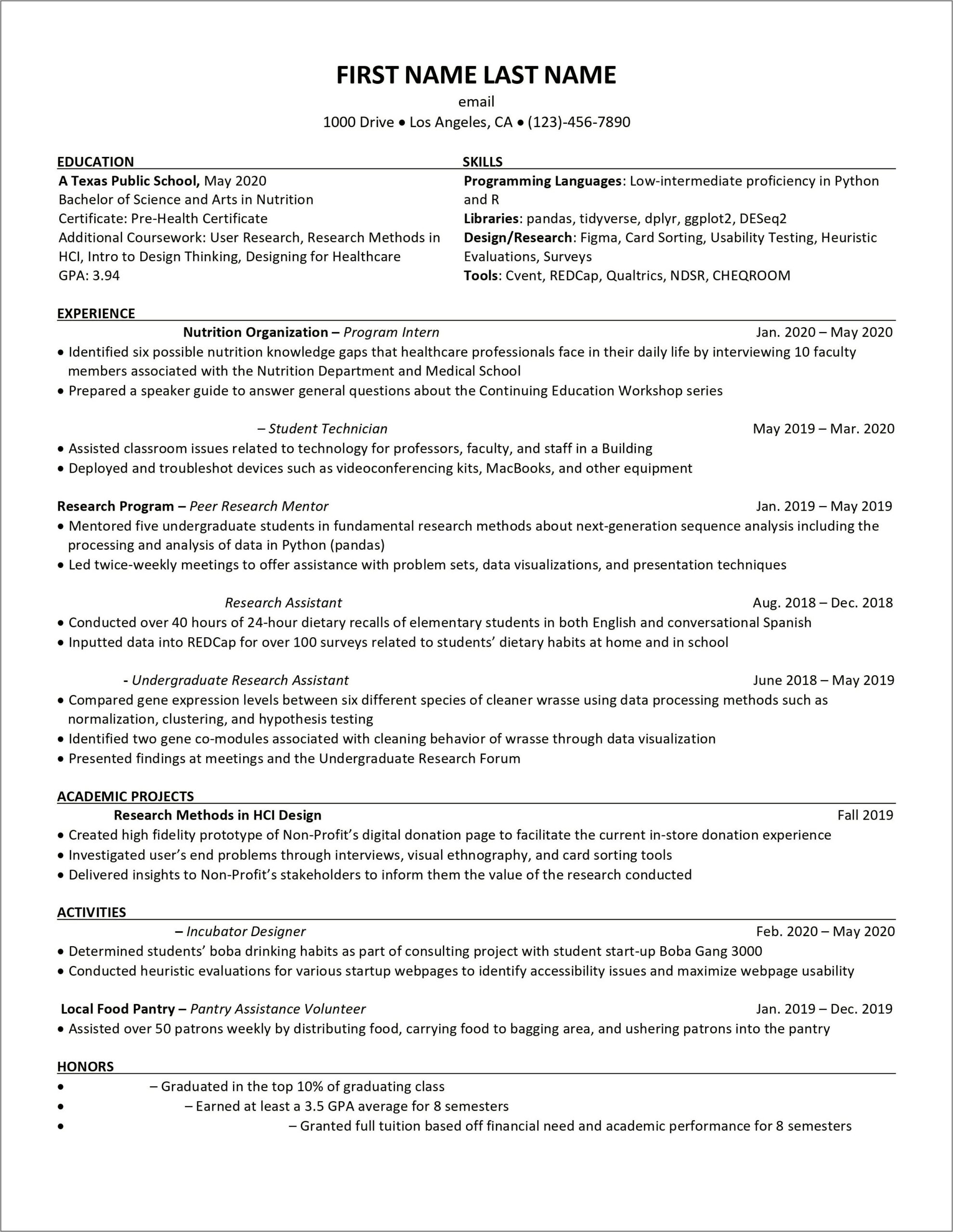 High School On Grad School Resume