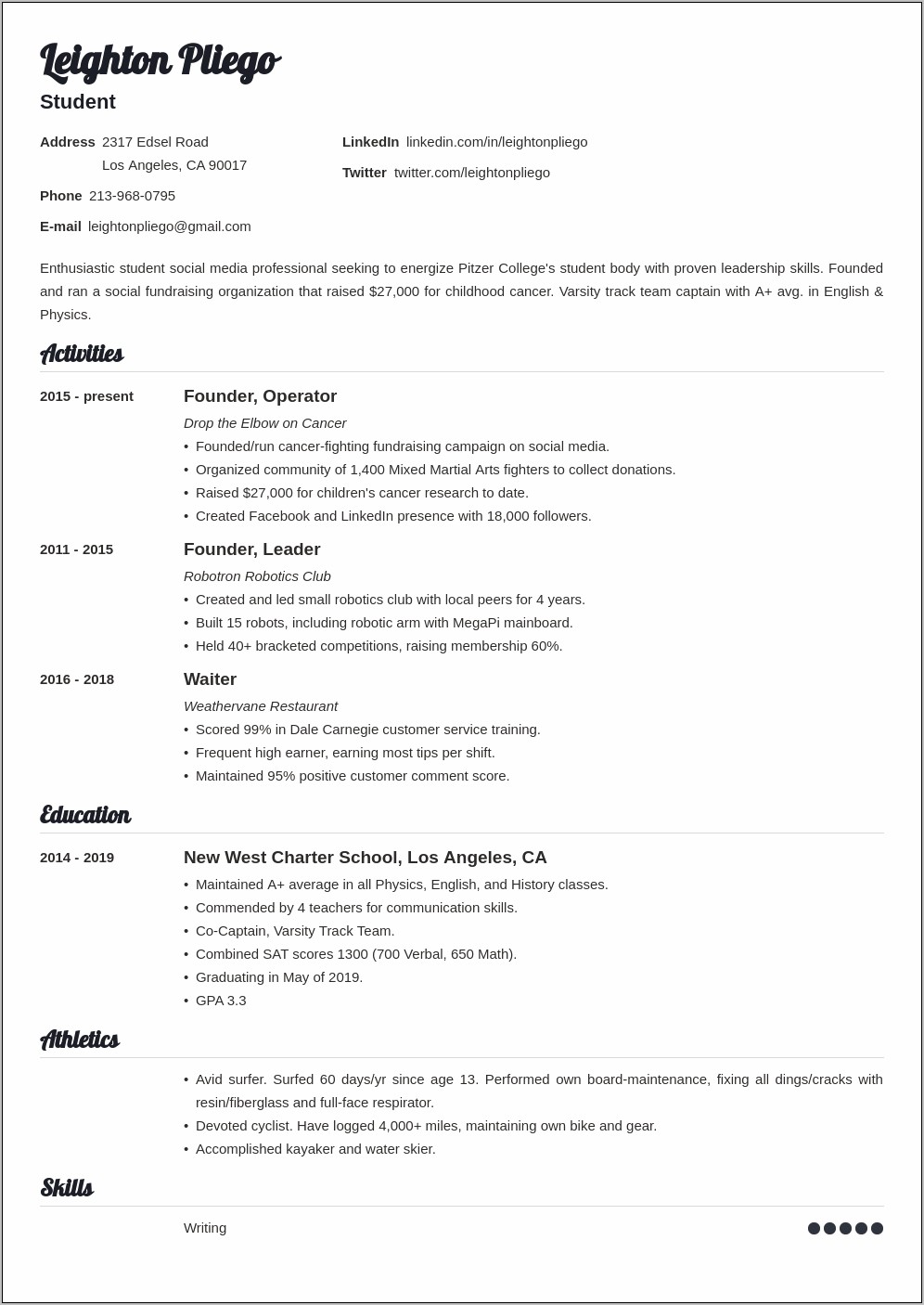 High School Resume For College Admissions Example