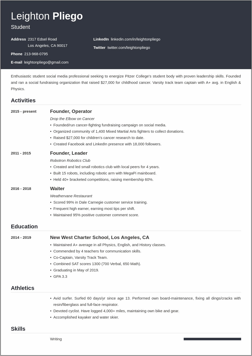 High School Resume For College Application Example