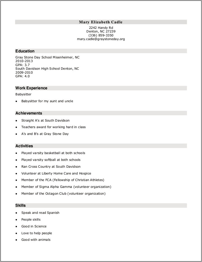 High School Resume For Colleges Examples
