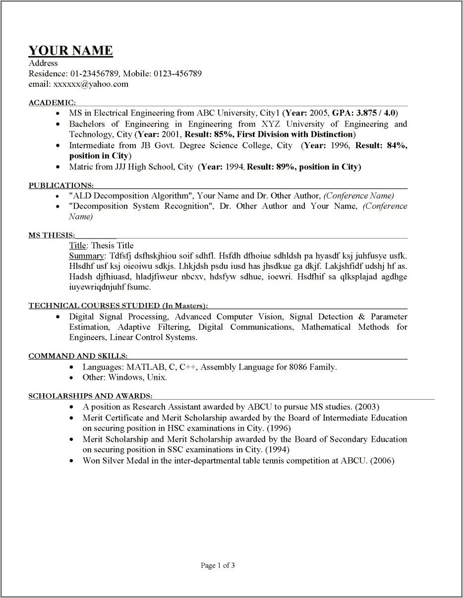 High School Resume For Research Positions
