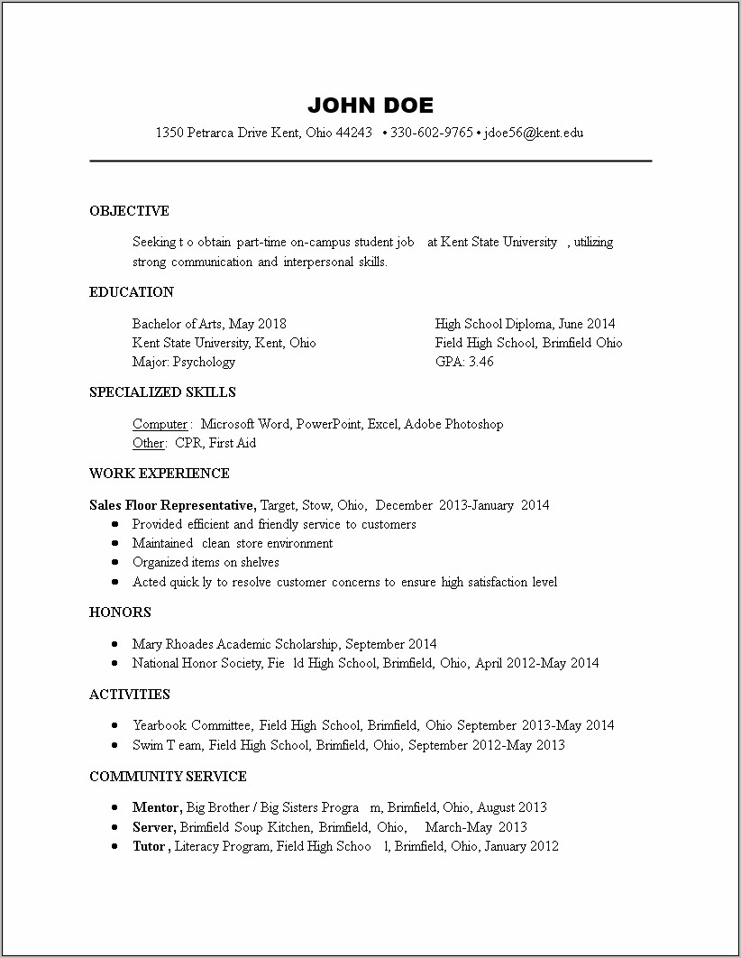 High School Resume Template For Part Time Job