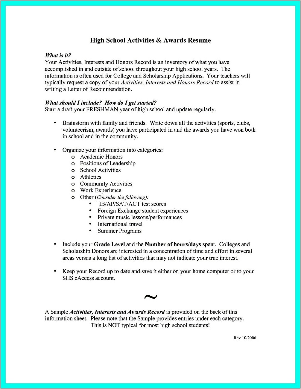 High School Sample Resumes For College Applications