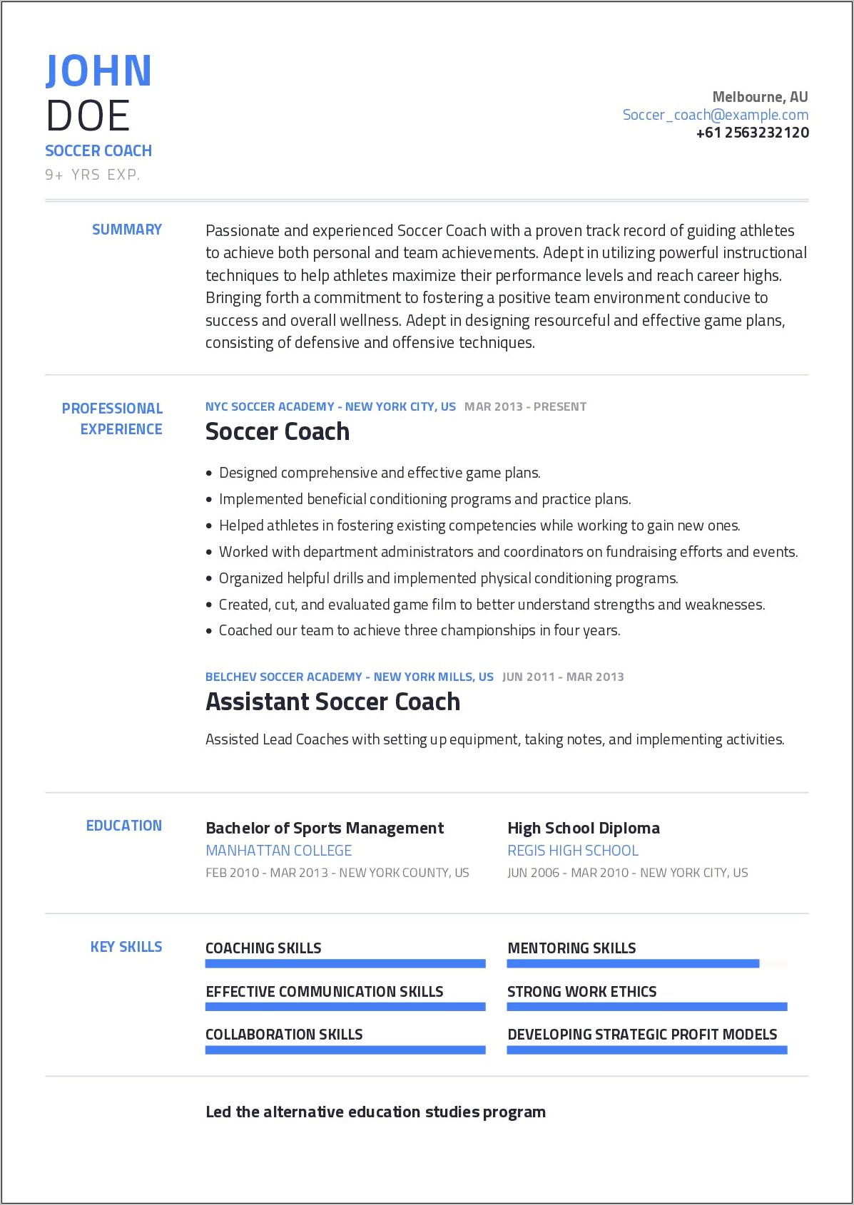 High School Soccer Coach Resume Sample