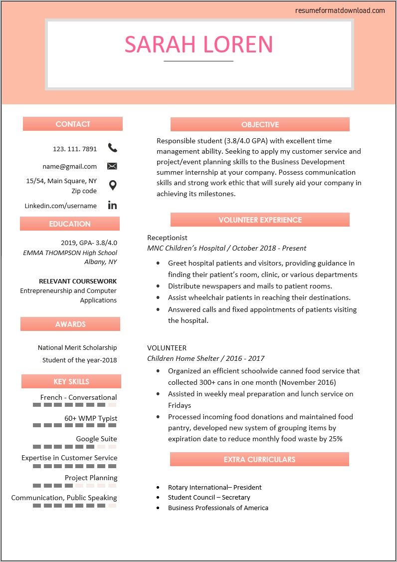 High School Student Profile For Resume