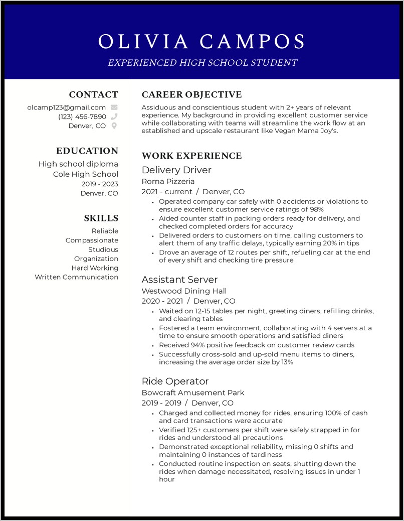 High School Student Resume Career Objective