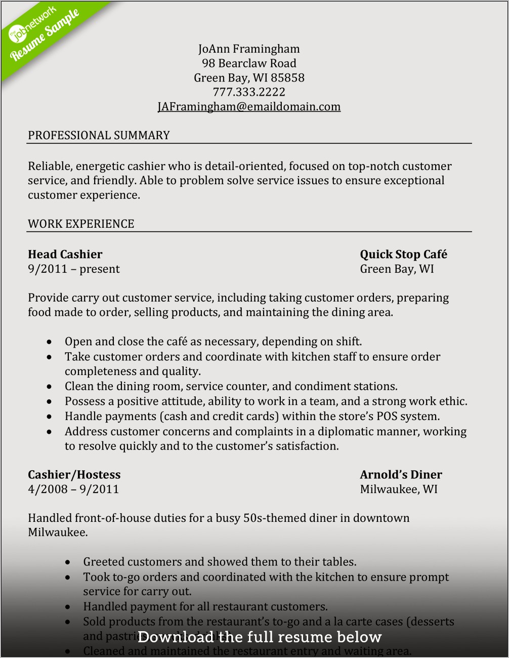 High School Student Resume Example Cashier Experienace