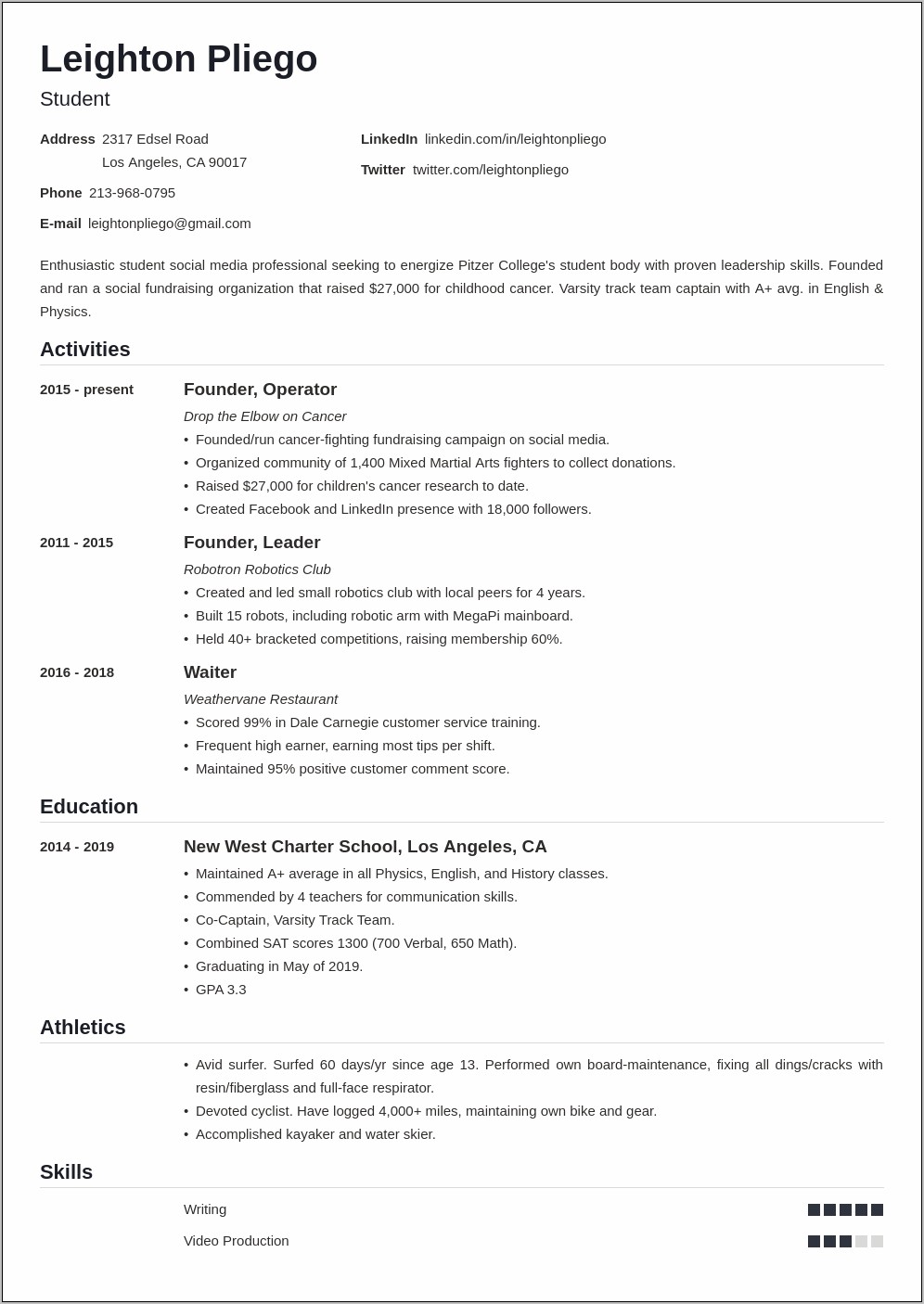 High School Student Resume Example For College