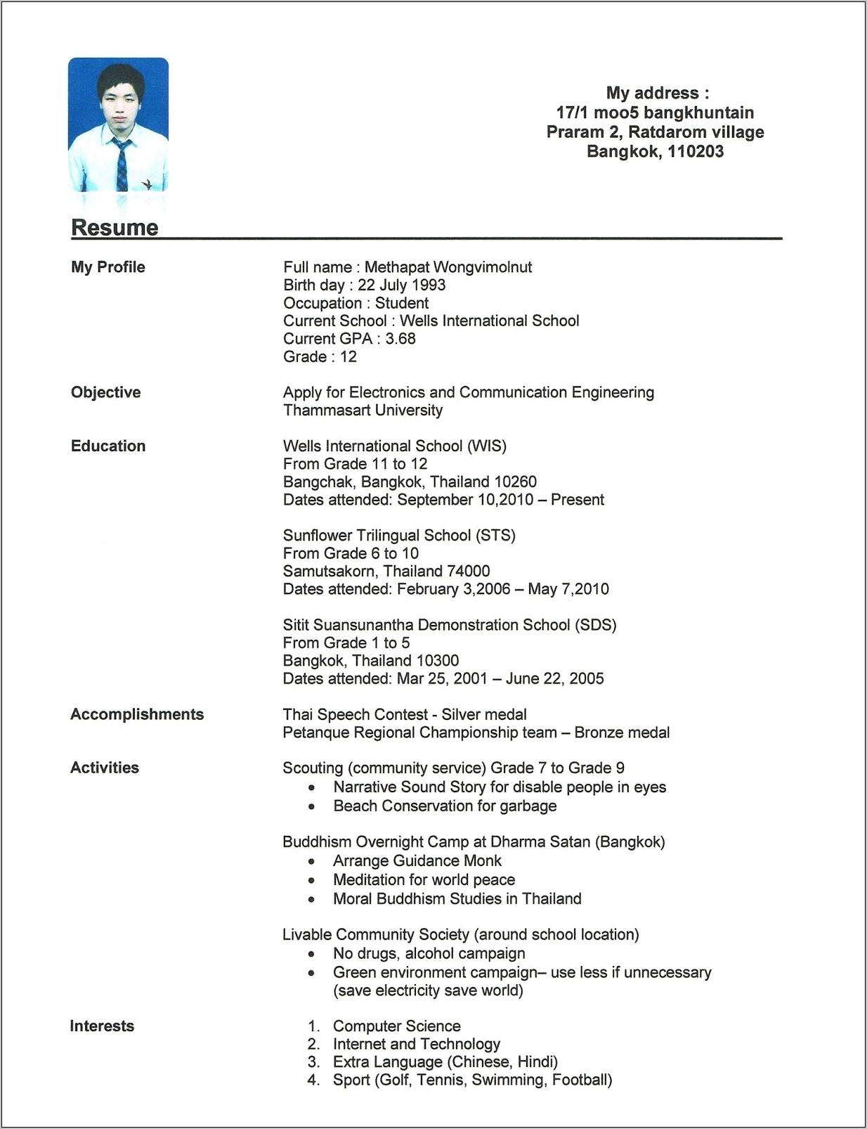 High School Student Resume For Applying To College
