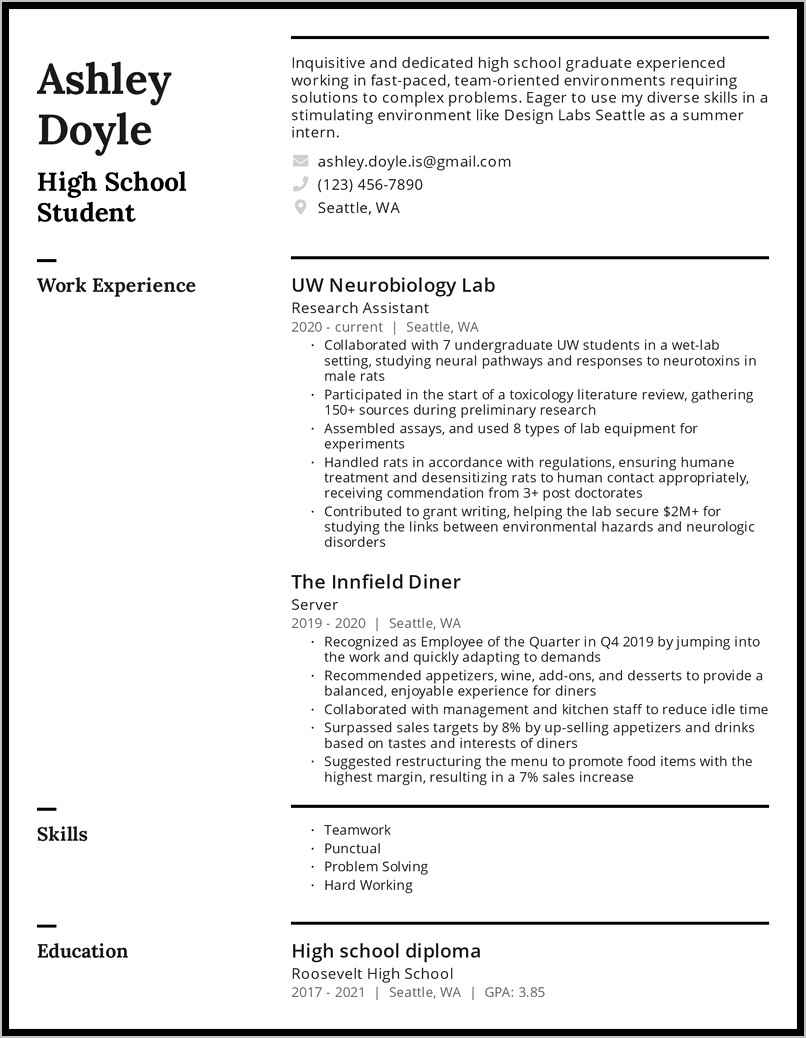 High School Student Resume For College Application