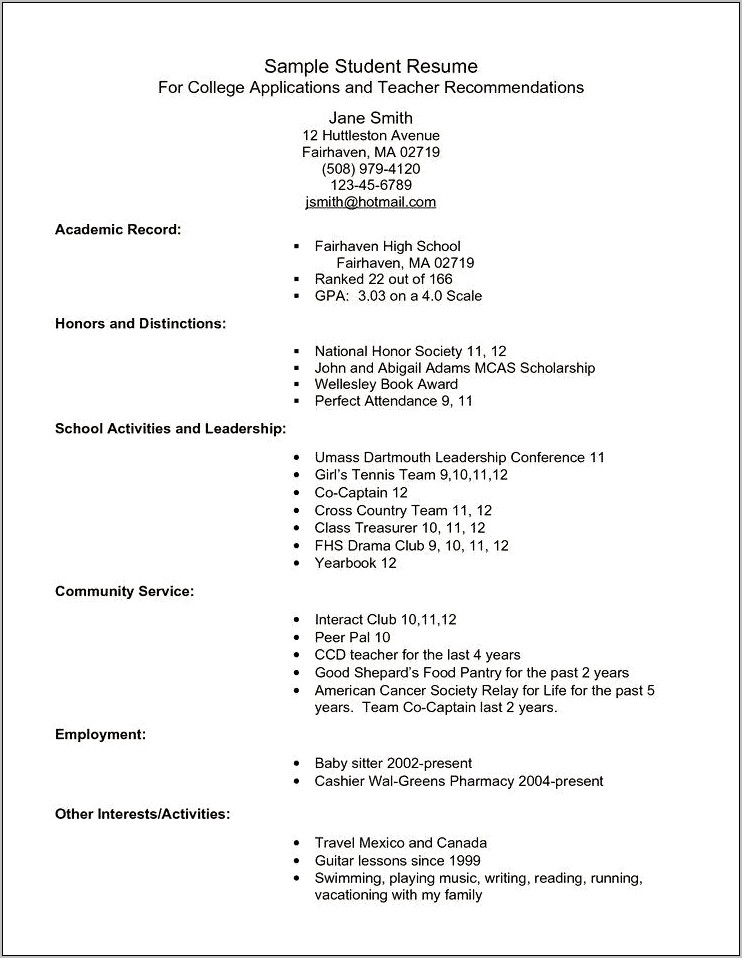 High School Student Resume For College Interview