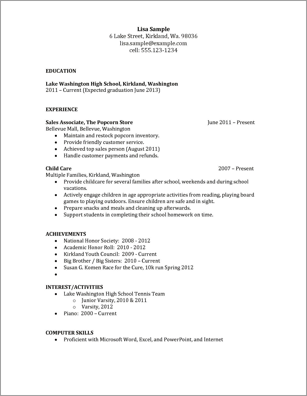 High School Student Resume For Sales Associate Position