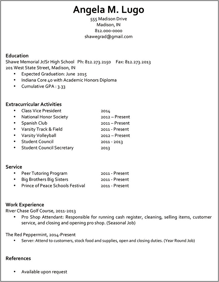 High School Student Resume With References