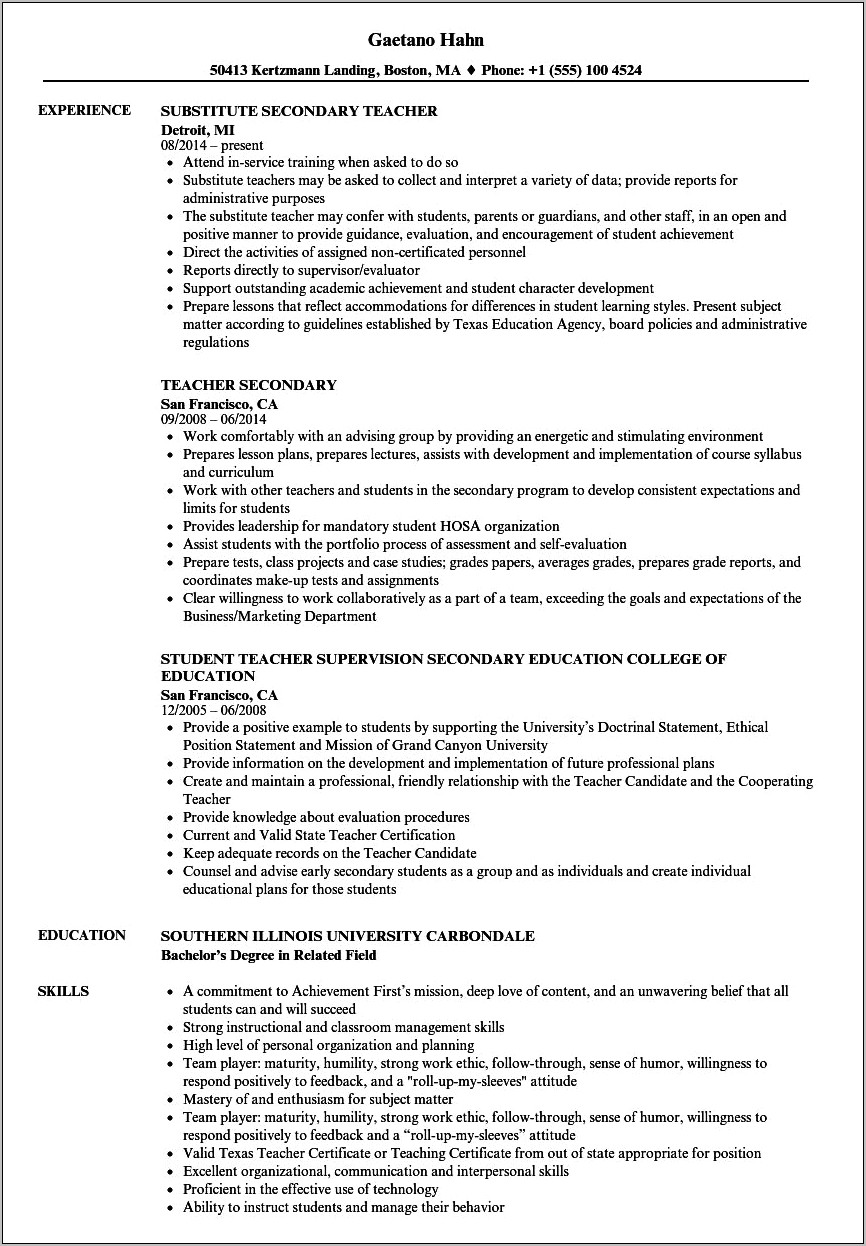 High School Teacher Job Description For Resume