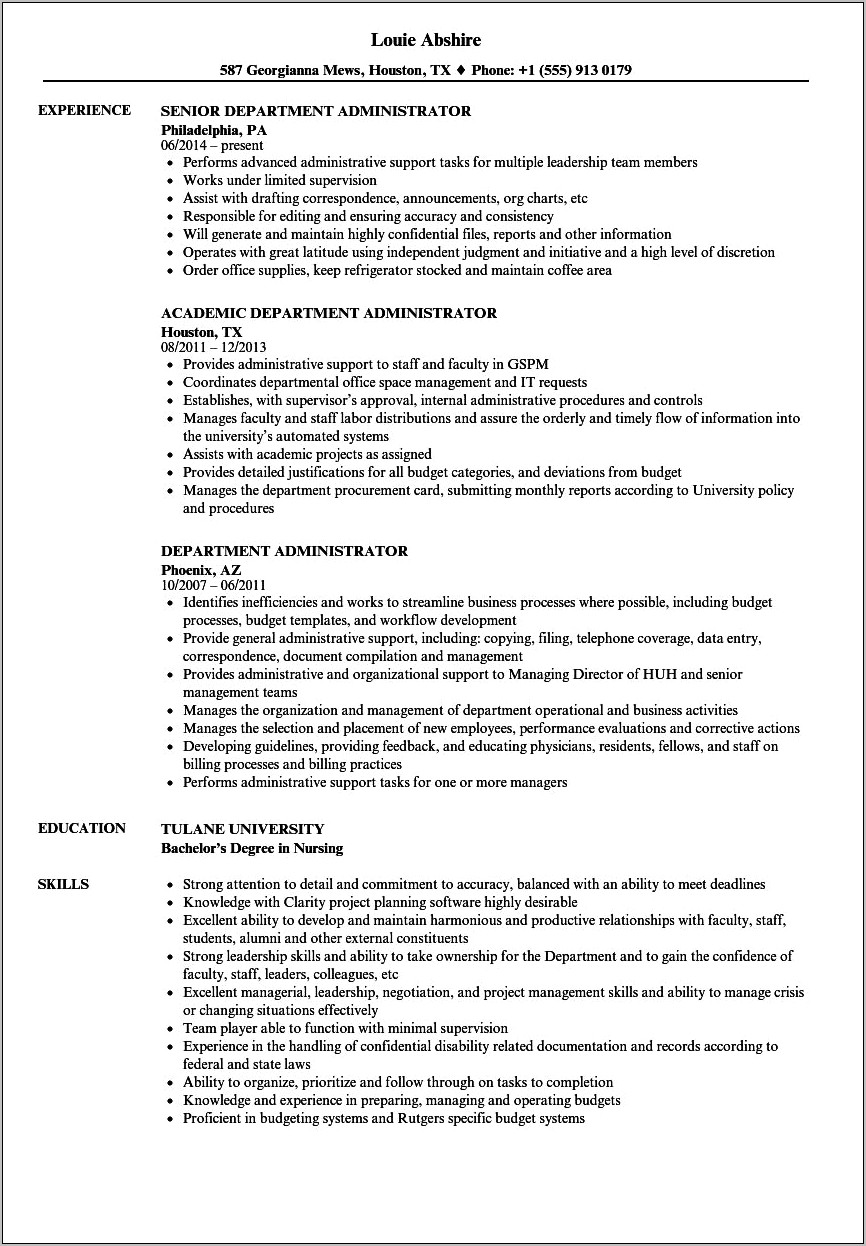 Higher Education Administration Professional Summary Resume