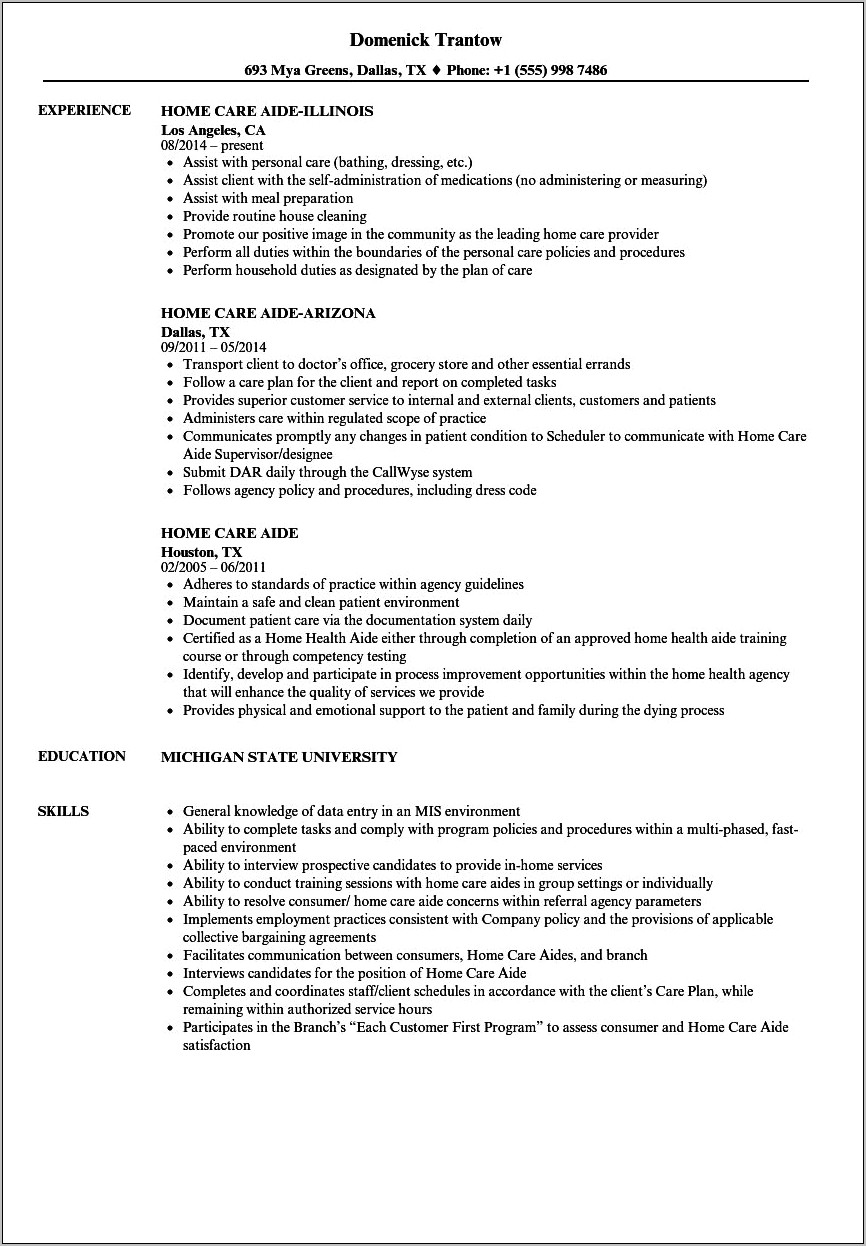 Home Care Worker To Youth Individual Resume