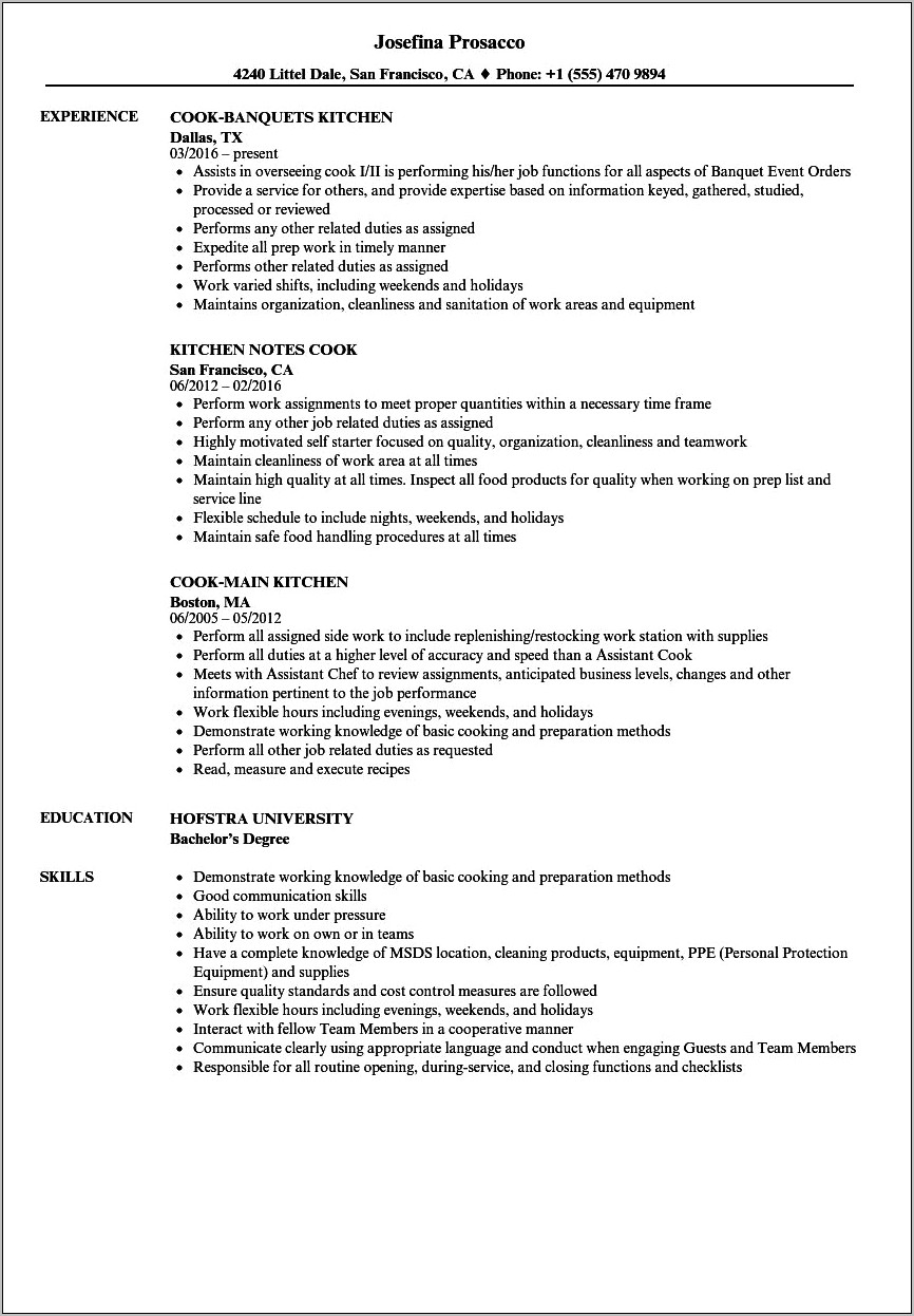 Home Cooking Experience On Resume Sample