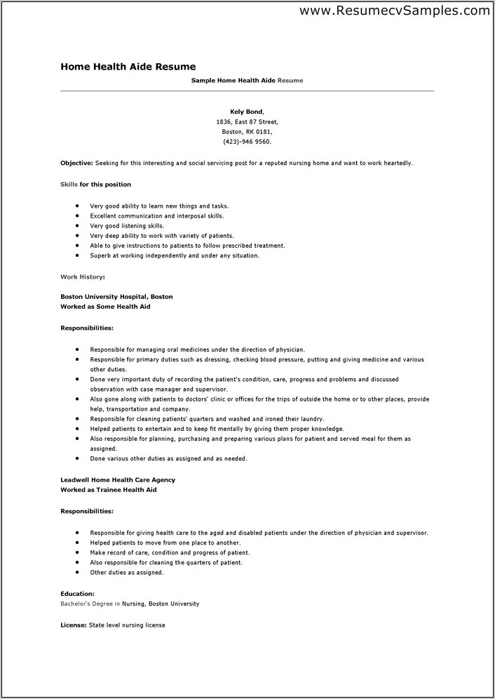 Home Health Aide Objective For Resume