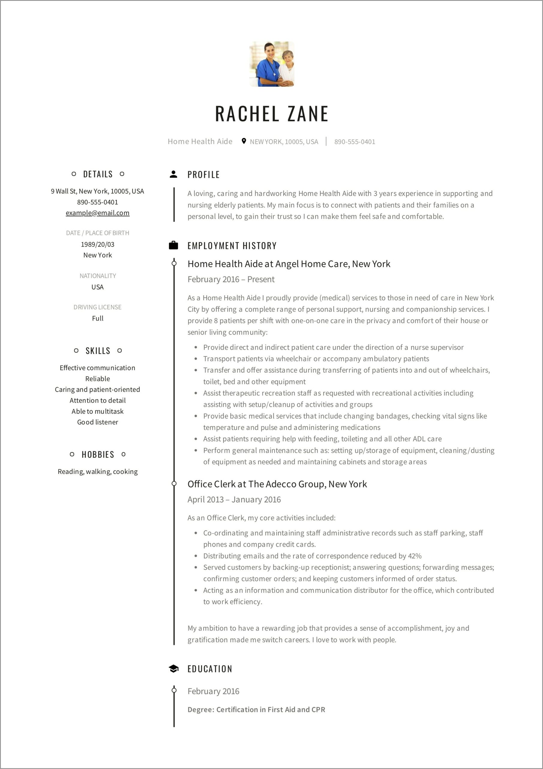 Home Health Care Aide Job Description Resume