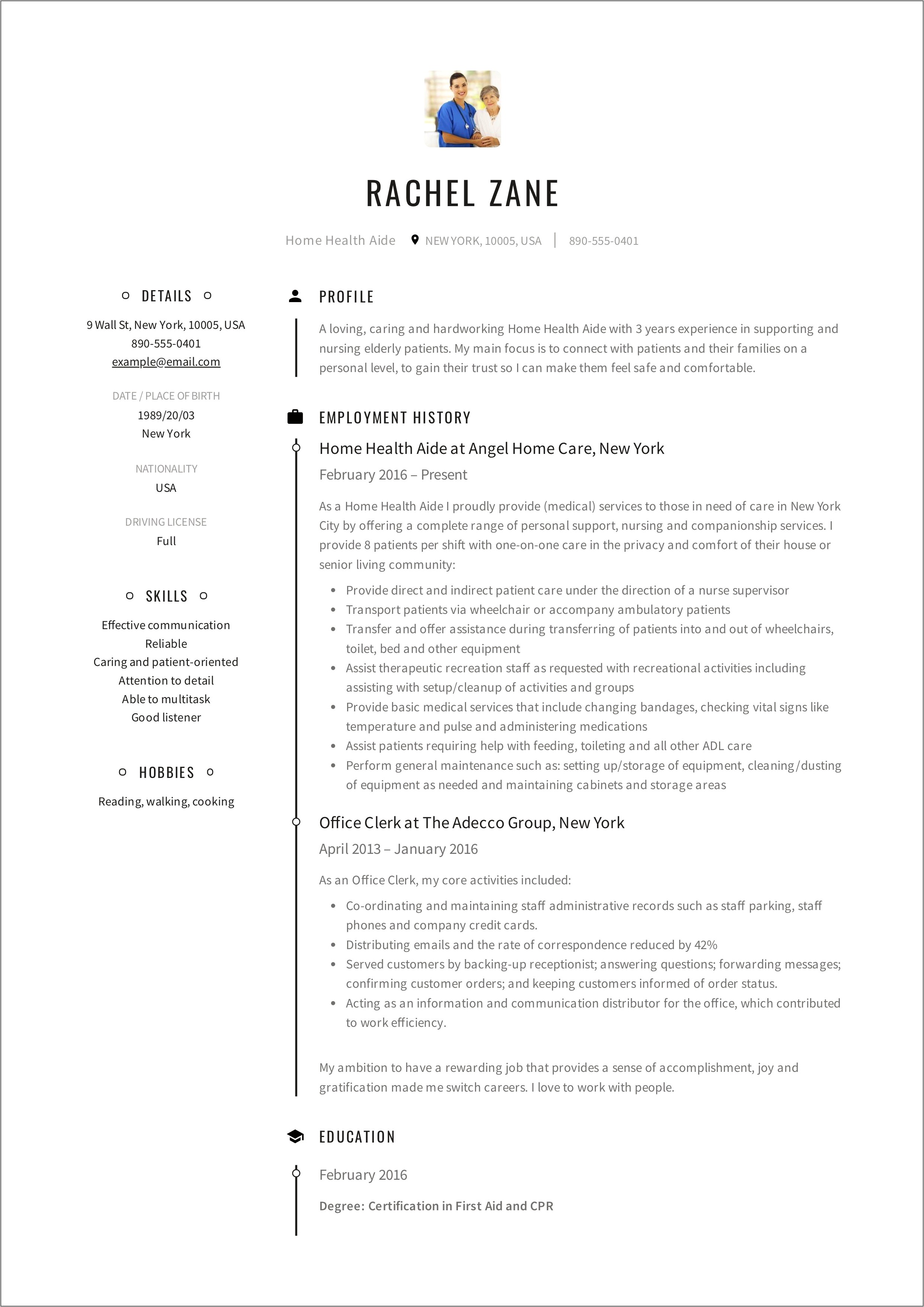 Home Health Care Aide Job Description Resume