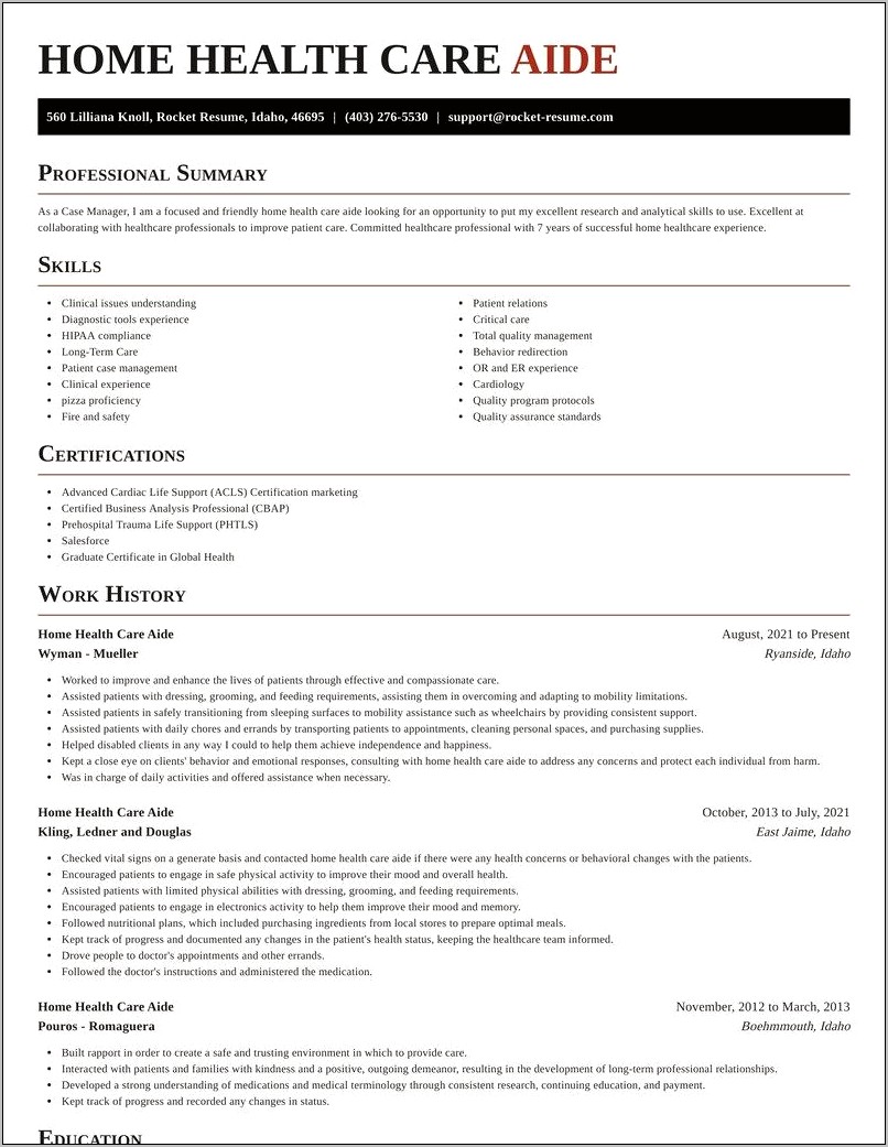 Home Health Care Aide Resume Examples