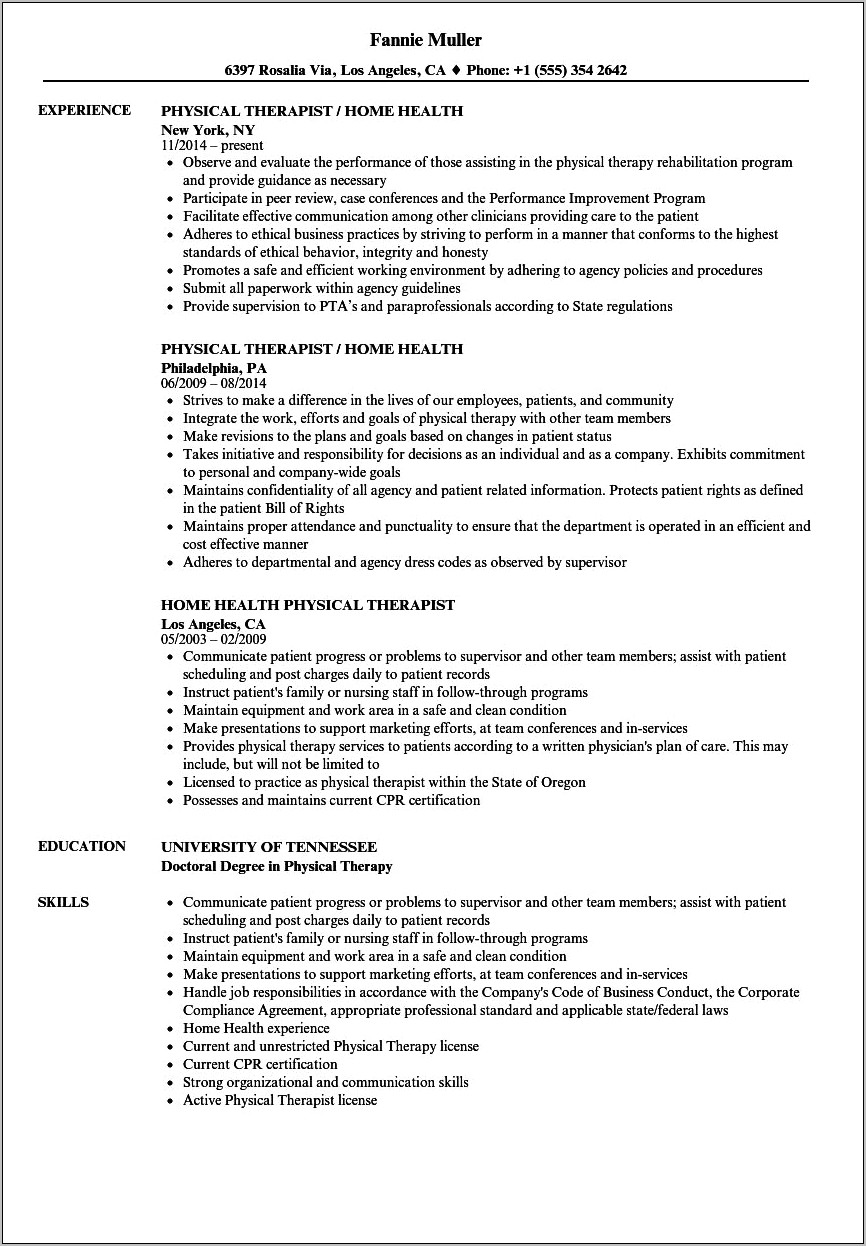 Home Health Physical Therapy Assistant Description For Resume
