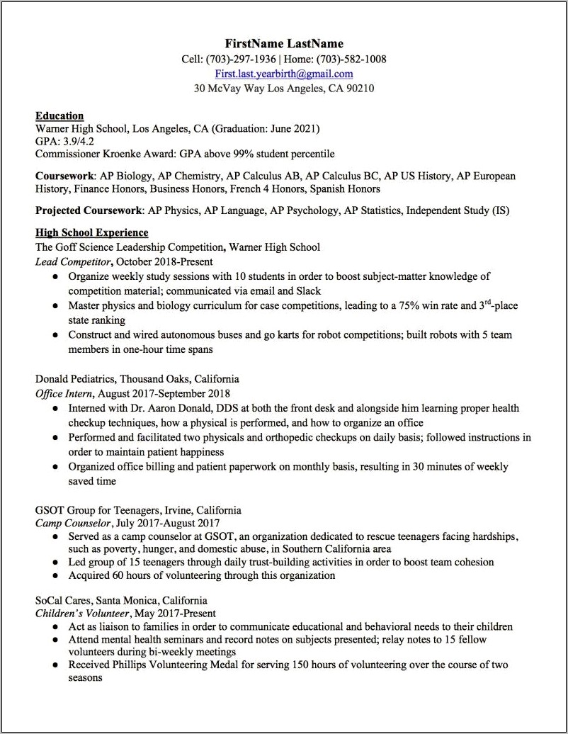Honors And Activites In Resume Sample