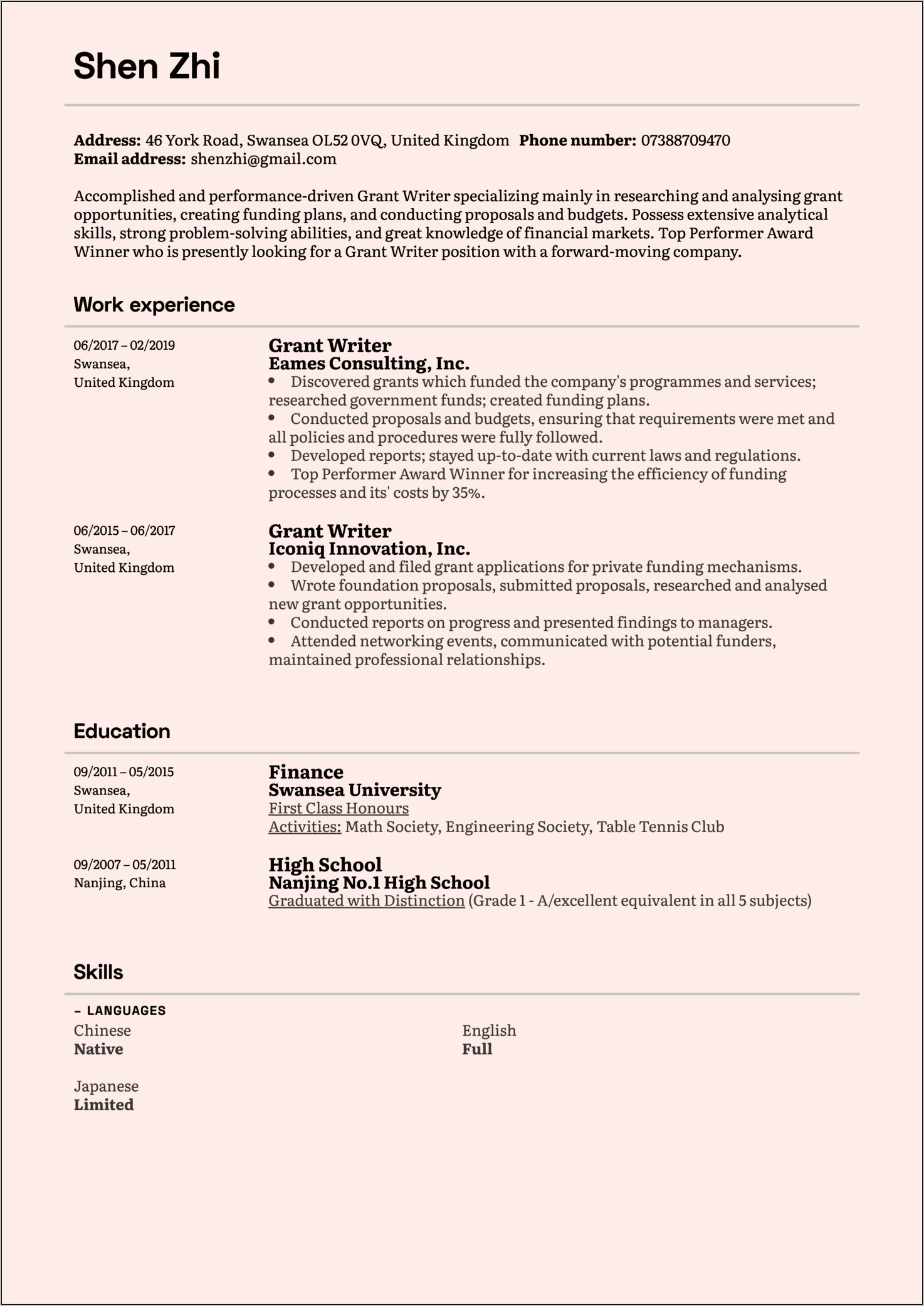 Honors And Activities In Resume Sample